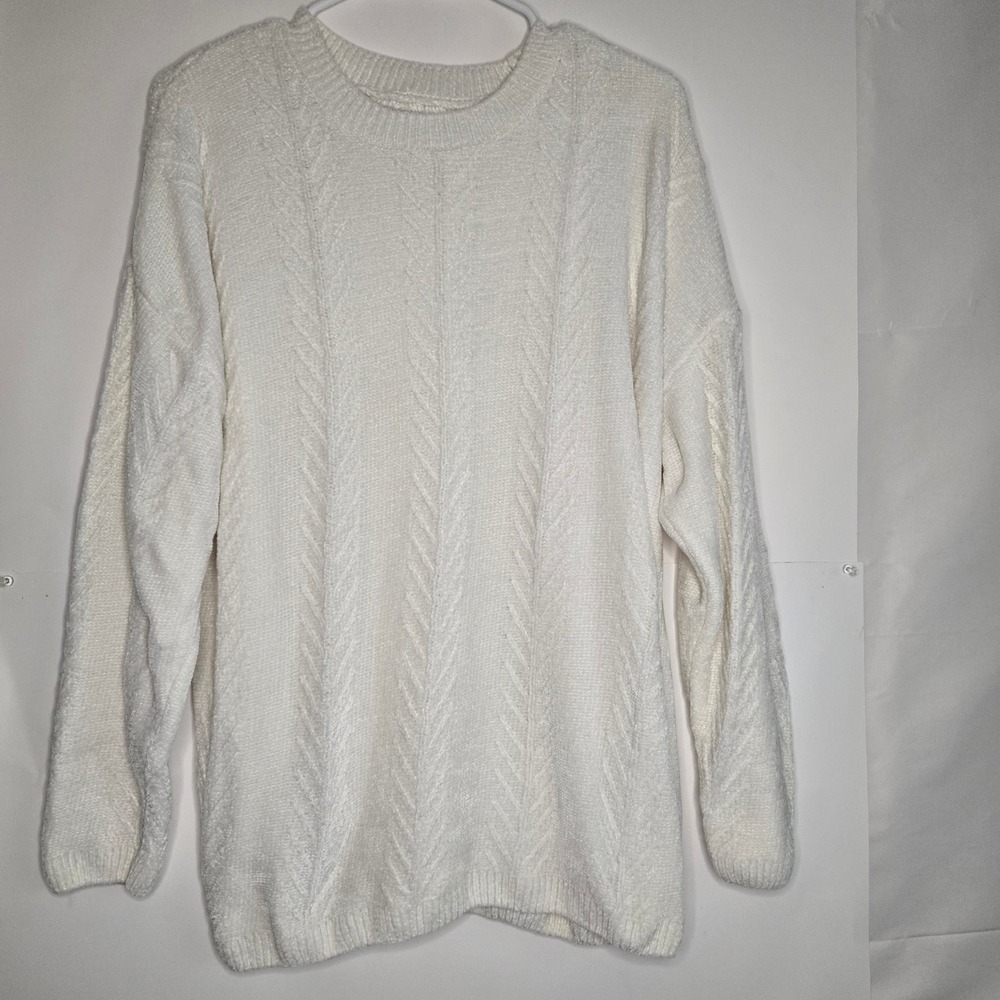 Orvis Womens Ivory Chenille Cable Knit Crewneck Sweater Pullover 1723712 Size XL